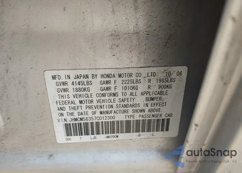 2007 Honda Accord 2.4 Se from USA, damaged, VIN JHMCM56357C012300